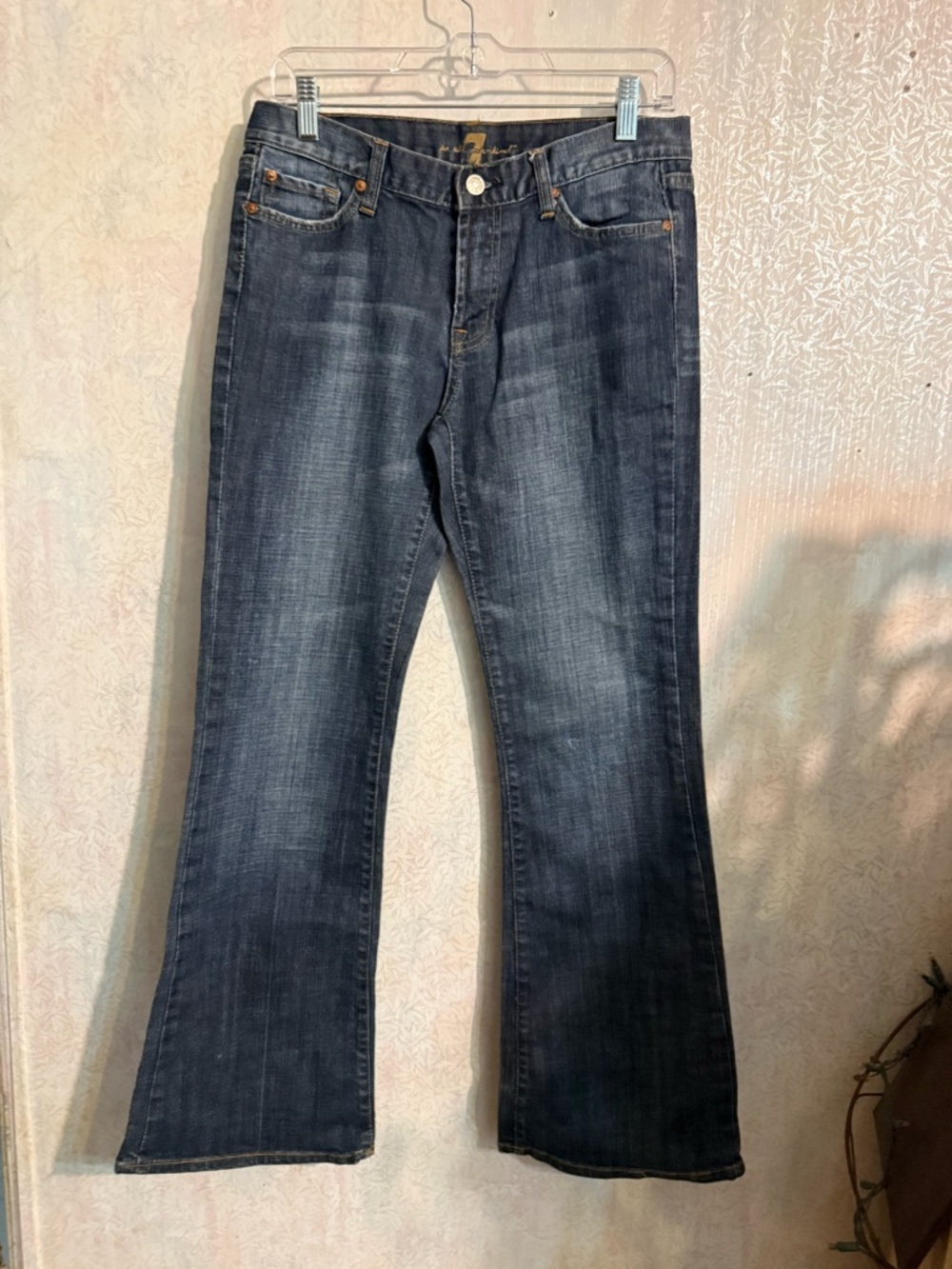 7 For All Mankind Dark Wash Whiskering Flare Jeans - Blue, Made In The USA Sz 29